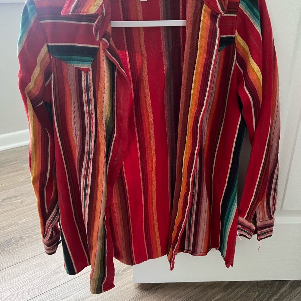 Red and Green Button Down Shirt with Vertical Stripes